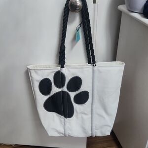 SEA BAG White Tote Bag with Black Paw Print and Rope Handles